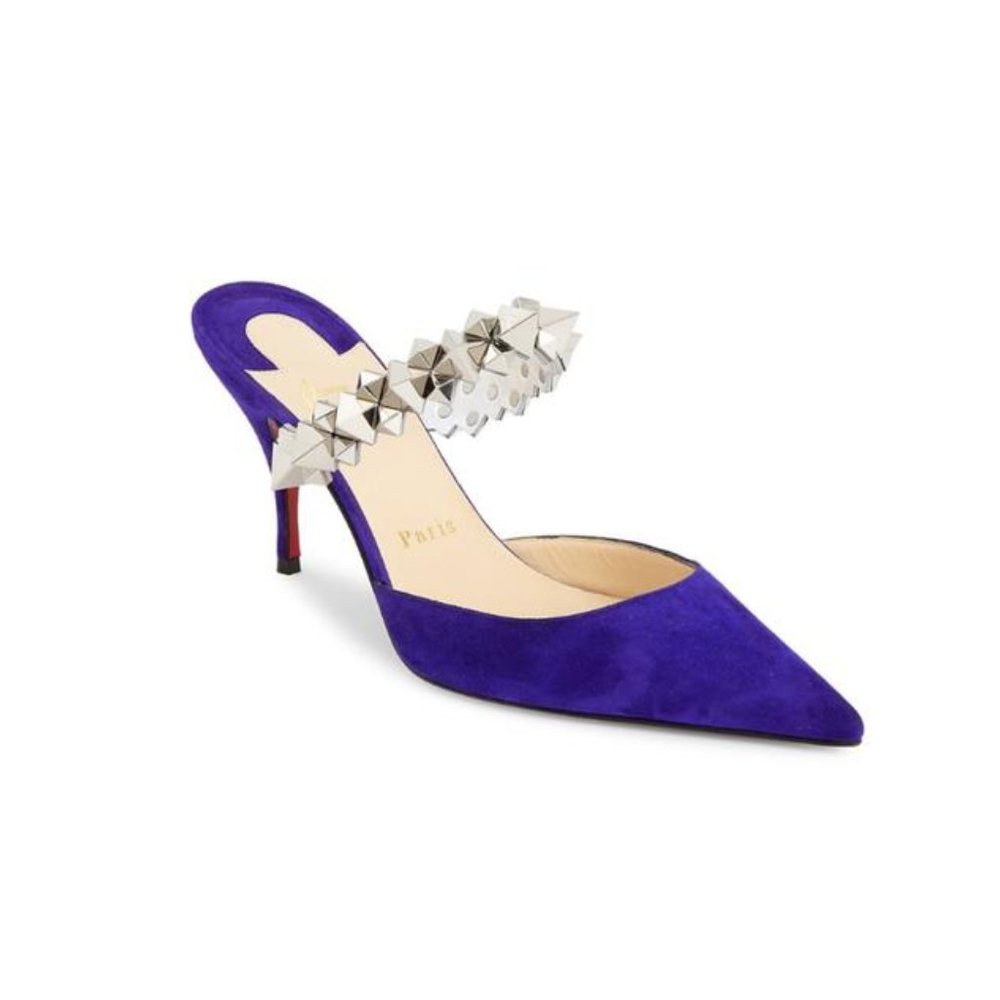 Louboutin Planet Choc 80mm Studded Silver Elixir Blue Suede Pointed Heels